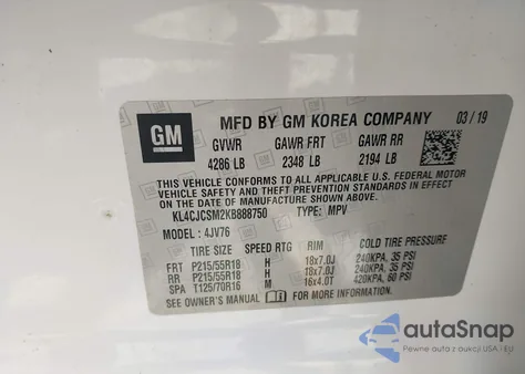 2019 Buick Encore Fwd Essence z USA, uszkodzony, nr VIN KL4CJCSM2KB888750